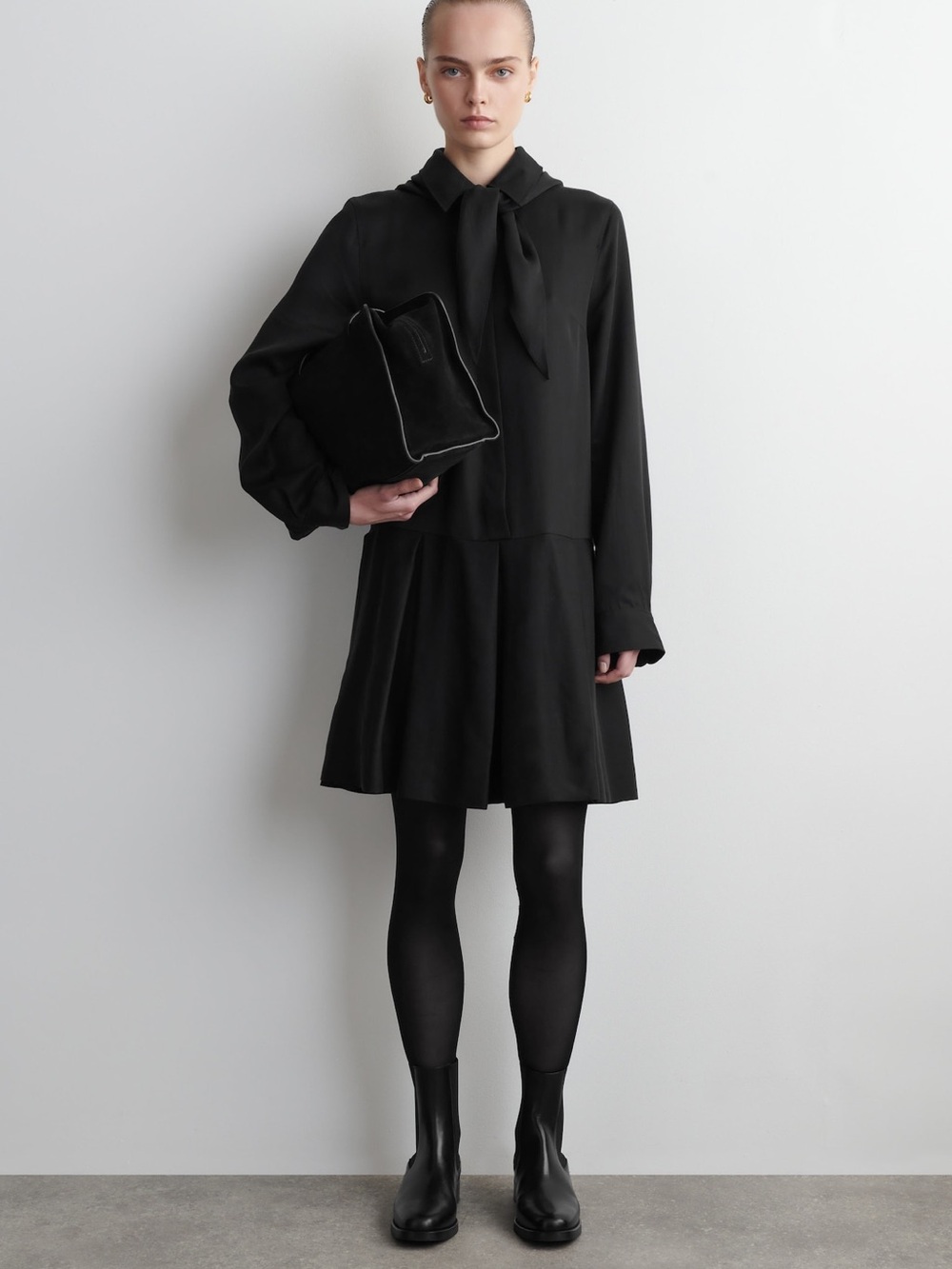 COS Black Long-Sleeve Tie-Neck Dress